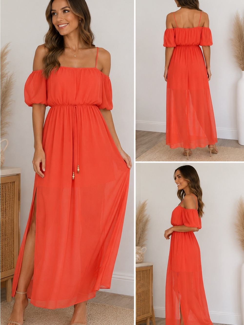 City Triangles Dress Womens S Coral Cold Shoulder Chiffon Maxi Boho Flowy